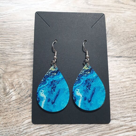 Teardrop Blue Earrings Blue Beach Marble Boho Design Fishhook Backs Costume Gift - Picture 2 of 3